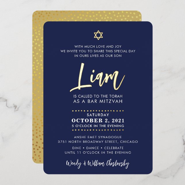 BAR MITZVAH script lettering gold navy blue Foil Invitation (Front/Back)