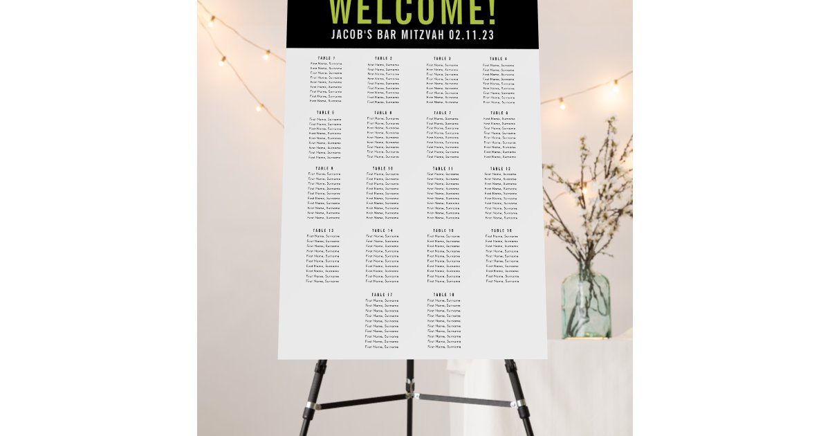 BAR MITZVAH SEATING CHART 18 table black lime Foam Board Zazzle