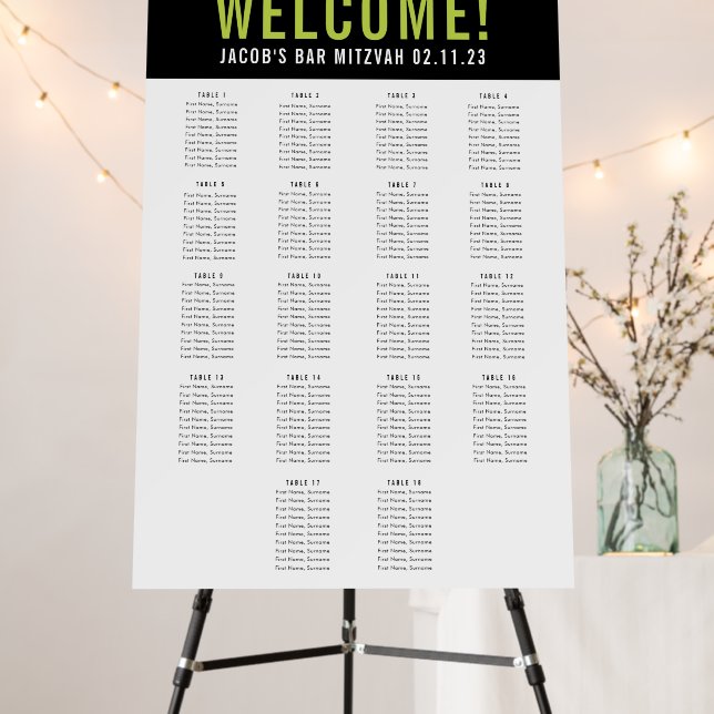 BAR MITZVAH SEATING CHART 18 table black lime Foam Board (In Situ (Stand))