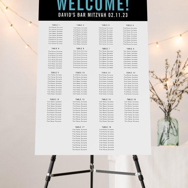 BAR MITZVAH SEATING CHART 18 table black turquoise Foam Board (In Situ (Stand))