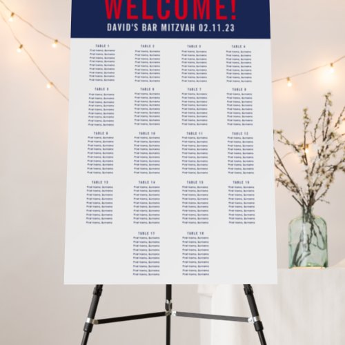 BAR MITZVAH SEATING CHART 18 table navy blue red Foam Board