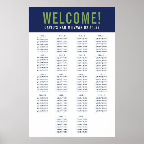 BAR MITZVAH SEATING CHART 18 tables navy green