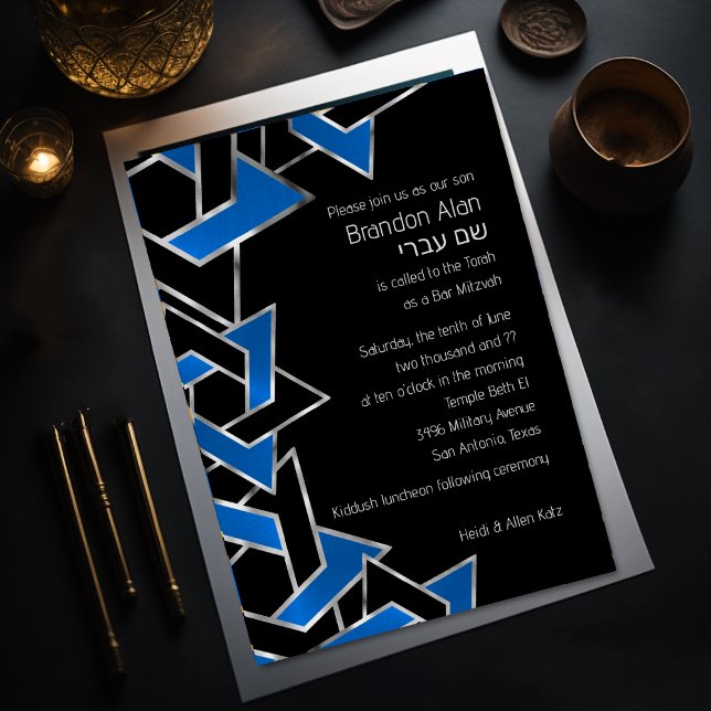 Bar Mitzvah Silver Blue Black Star of David Invitation (Creator Uploaded)
