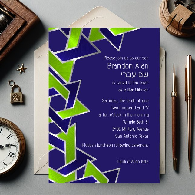 Bar Mitzvah Silver Blue Lime Green Star of David Invitation (Creator Uploaded)