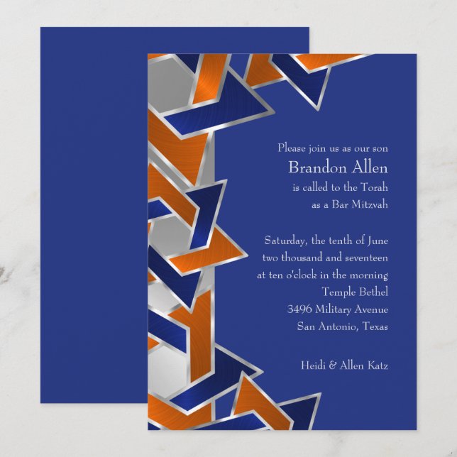 Bar Mitzvah Silver Blue Orange Star of David Invitation (Front/Back)