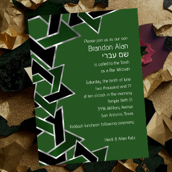Bar Mitzvah Silver Green Black Star Of David Invitation by TailoredType at Zazzle