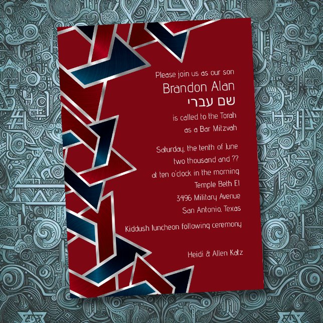 Bar Mitzvah Silver Navy Blue Red Star of David Invitation (Creator Uploaded)