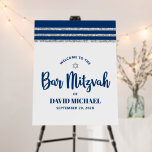 Bar Mitzvah Silver Navy Blue Tallit Script Welcome Foam Board<br><div class="desc">Proudly welcome every guest of your son’s Bar Mitzvah party! Display this stunning, modern, stylish, personalized vertical foam core poster board to add to his special day. Bold, navy blue script typography, a silver Star of David and a navy blue and silver glitter striped tallit inspired graphic overlay a simple,...</div>