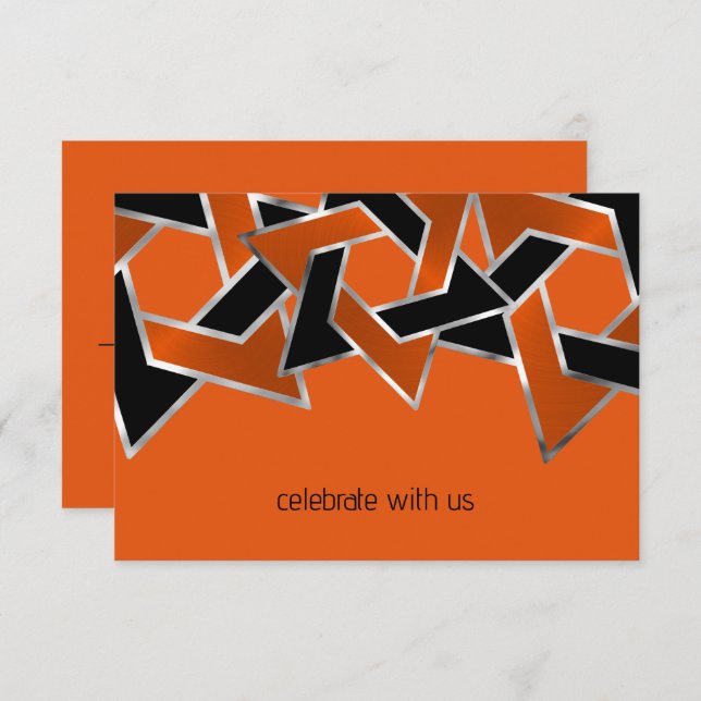 Bar Mitzvah Silver Orange Black Star of David Invitation (Front/Back)