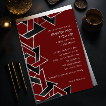 Bar Mitzvah Silver Red Black Star Of David Invitation by TailoredType at Zazzle