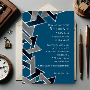Bar Mitzvah Silver Teal Blue Gray Star of David Invitation