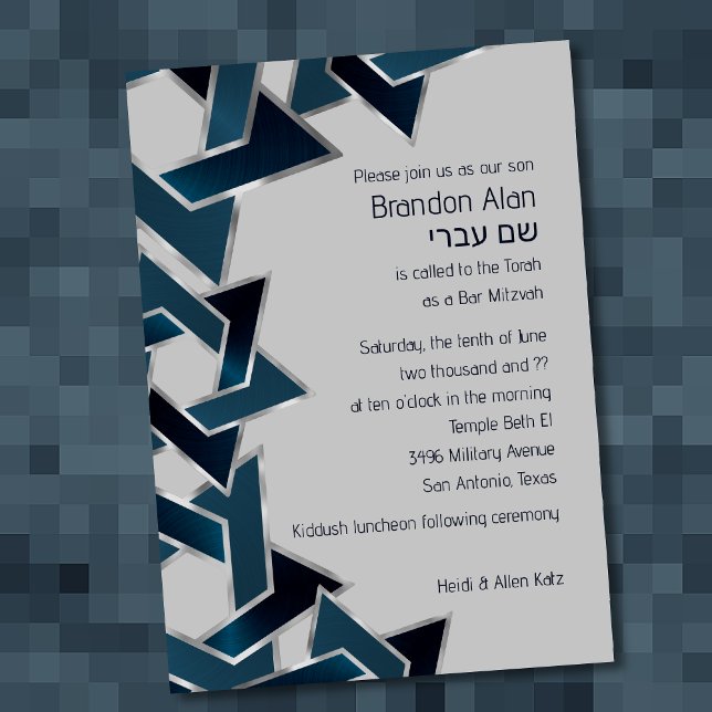 Bar Mitzvah Silver Teal Navy Blue Star of David Invitation (Creator Uploaded)