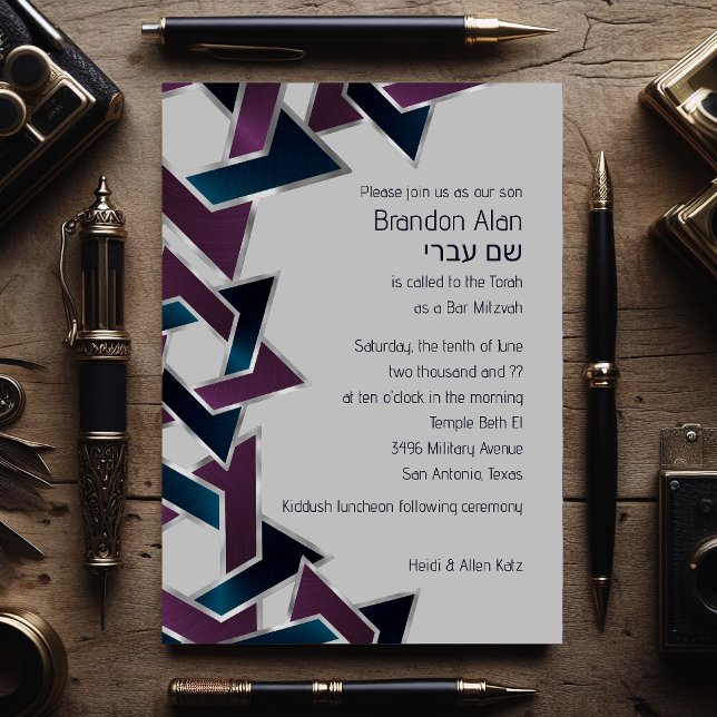 Bar Mitzvah Silver Teal Purple Star of David Invitation (Creator Uploaded)