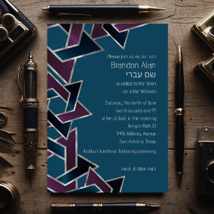 Bar Mitzvah Silver Teal Purple Star of David Invitation