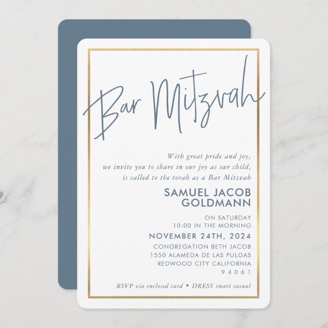 BAR MITZVAH simple minimal modern blue gold frame Invitation (Front/Back)