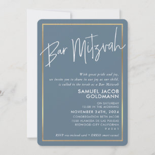 BAR MITZVAH simple minimal modern gray blue frame Invitation