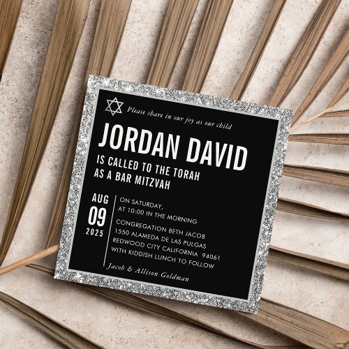 BAR MITZVAH simple modern black silver glitter Invitation