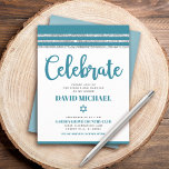 Bar Mitzvah Simple Modern Bold Teal Silver Tallit  Enclosure Card<br><div class="desc">Be proud, rejoice and showcase this milestone of your favorite Bar Mitzvah! Include this cool, unique, modern, personalized insert for additional information to your event. Bold, dusty teal blue script typography, Star of David and a dusty teal blue and silver glitter striped tallit inspired graphic overlay a simple, white background....</div>
