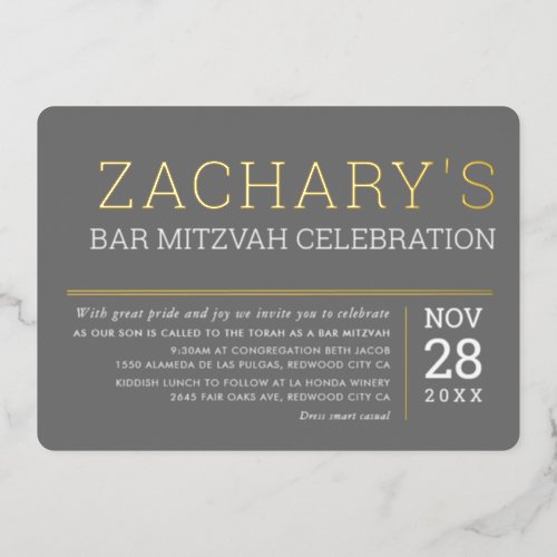 BAR MITZVAH simple modern boy gray gold Foil Invitation