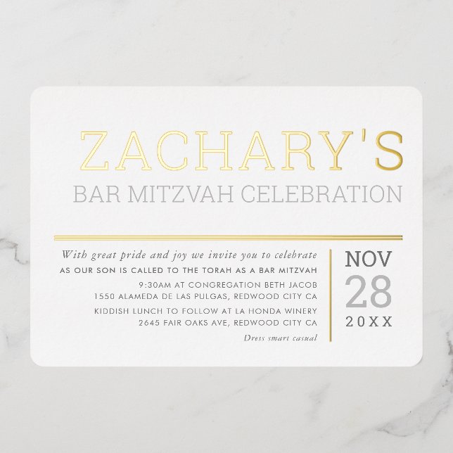 BAR MITZVAH simple modern boy soft pale gray Foil Invitation (Front)