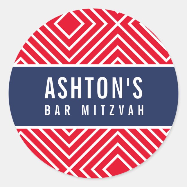 BAR MITZVAH simple modern geometric navy red Classic Round Sticker (Front)