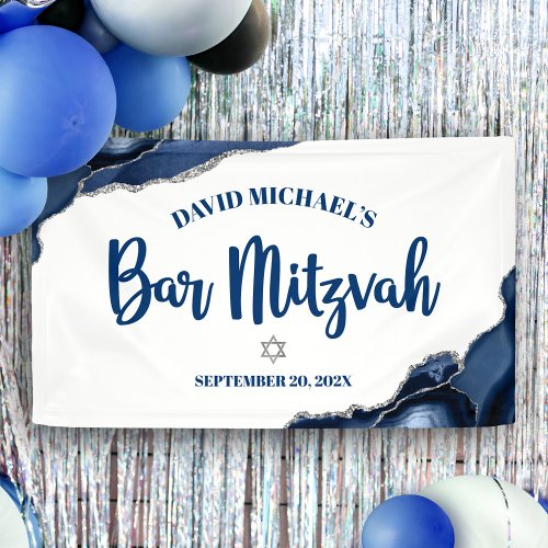 Bar Mitzvah Simple Modern Navy Blue Agate Script Banner