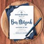 Bar Mitzvah Simple Modern Navy Blue Agate Script Invitation<br><div class="desc">Be proud, rejoice and showcase this milestone of your favorite Bar Mitzvah! Send out this cool, unique, modern, personalized invitation for an event to remember. Navy blue script typography and Star of David overlay simple, white background with steel blue agate accented with faux silver veins. Personalize the custom text with...</div>