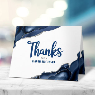 Bar Mitzvah Simple Modern Navy Blue Agate Script Letterpress Thank You Card