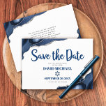 Bar Mitzvah Simple Modern Navy Blue Agate Script  Save The Date<br><div class="desc">Make sure all your friends and relatives will be able to celebrate your son’s milestone Bar Mitzvah! Send out this cool, unique, modern, personalized “Save the Date” announcement card. Navy blue script typography and Star of David overlay a simple, white background with steel blue agate rocks accented with faux silver...</div>