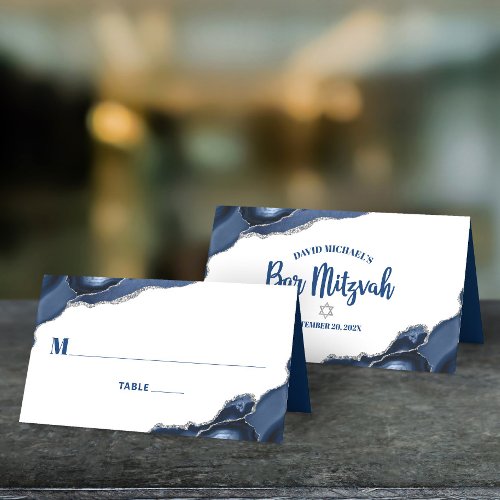 Bar Mitzvah Simple Modern Navy Blue Silver Agate Place Card