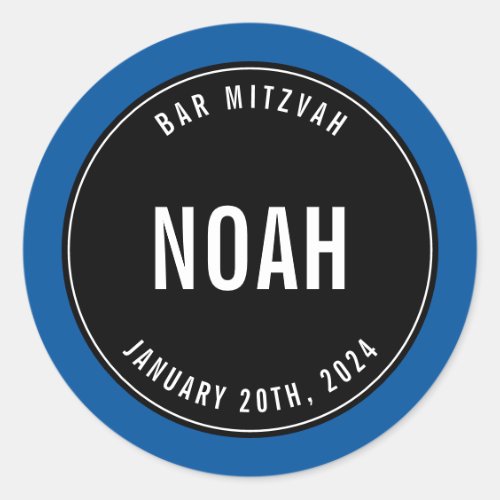 BAR MITZVAH simple modern plain black roayl blue Classic Round Sticker