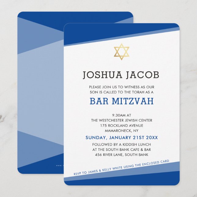 BAR MITZVAH simple modern royal blue gold star Invitation (Front/Back)