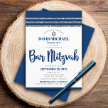 Bar Mitzvah Simple Modern Tallit Navy Blue Script Invitation<br><div class="desc">Be proud, rejoice and showcase this milestone of your favorite Bar Mitzvah! Send out this cool, unique, modern, personalized invitation for an event to remember. Bold, navy blue script typography, Star of David and a navy blue and silver glitter striped tallit inspired graphic overlay a simple, white background. Personalize the...</div>