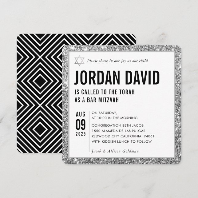 BAR MITZVAH simple modern trendy silver glitter Invitation (Front/Back)