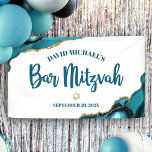 Bar Mitzvah Simple Modern Turquoise Agate Script Banner<br><div class="desc">Be proud, rejoice and showcase this milestone of your favorite Bar Mitzvah! Hang up this cool, unique, modern, personalized banner to add to his special day. Dark teal blue script typography and a faux gold Star of David overlay a simple, clean white background with turquoise blue agate rocks accented with...</div>