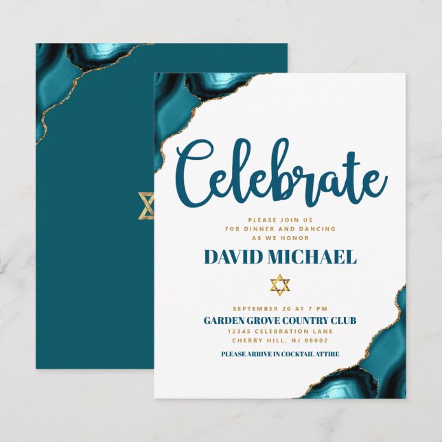 Bar Mitzvah Simple Modern Turquoise Agate Script Enclosure Card (Front/Back)