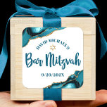 Bar Mitzvah Simple Modern Turquoise Agate Script Square Sticker<br><div class="desc">Be proud, rejoice and showcase this milestone of your favorite Bar Mitzvah! Use this cool, unique, modern, personalized sticker to add to his special day. Dark teal blue script typography and a faux gold Star of David overlay a simple, clean white background with turquoise blue agate rocks accented with faux...</div>