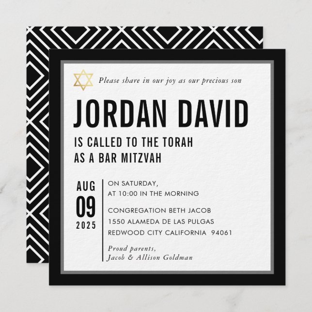 BAR MITZVAH simple modern typography black white Invitation (Front/Back)