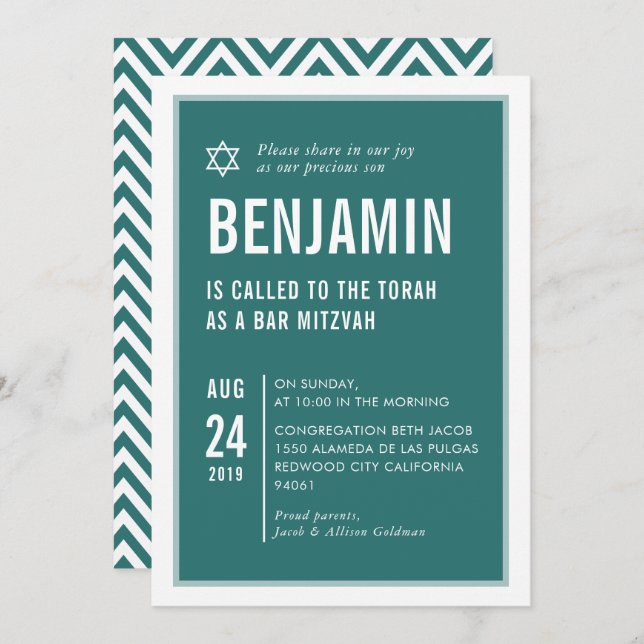 BAR MITZVAH simple modern typography green white Invitation (Front/Back)