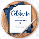 Bar Mitzvah Simple Navy Blue Agate Modern Script  Enclosure Card<br><div class="desc">Be proud, rejoice and showcase this milestone of your favorite Bar Mitzvah! Include this cool, unique, modern, personalized insert for additional information to your event. Navy blue script typography and Star of David overlay simple, white background with steel blue agate accented with faux silver veins. Personalize the custom text with...</div>