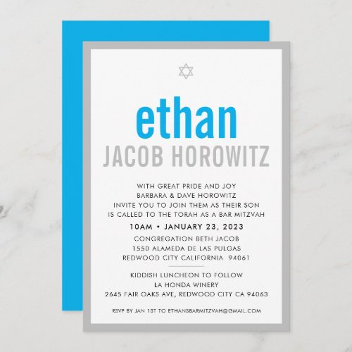 BAR MITZVAH simple star modern name aqua blue gray Invitation