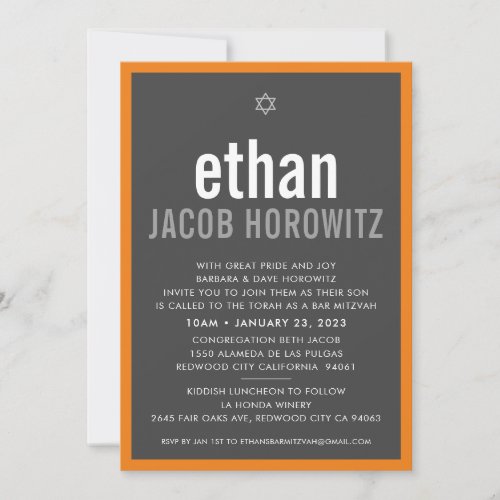 BAR MITZVAH simple star modern name grey orange Invitation