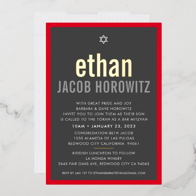 BAR MITZVAH simple star modern name grey red gold Foil Invitation (Envelope)