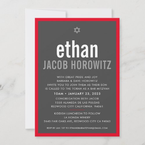 BAR MITZVAH simple star modern name grey red Invitation