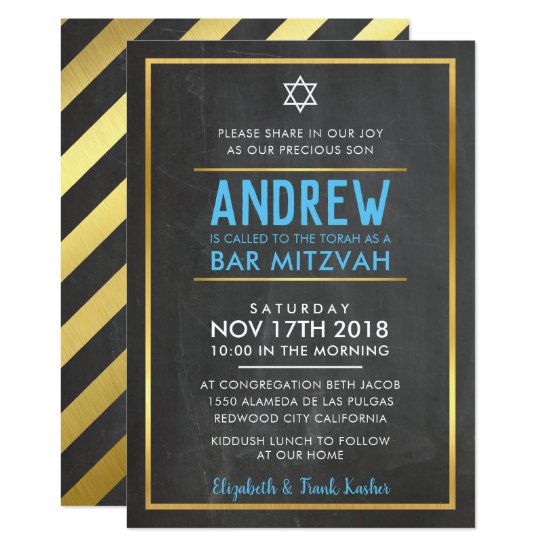 BAR MITZVAH smart bold type gold chalkboard blue Invitation