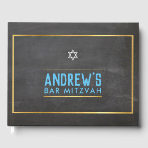 BAR MITZVAH smart bold type gold gray aqua Guest Book