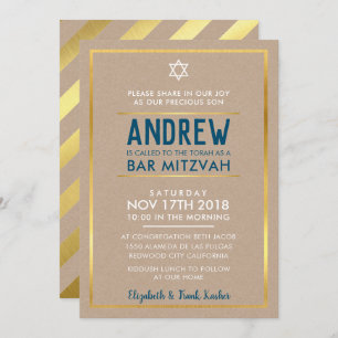 BAR MITZVAH smart bold type gold kraft blue Invitation