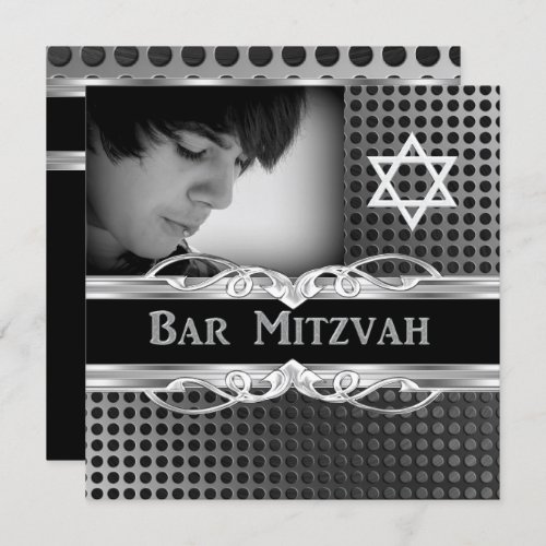 Bar Mitzvah Star Black Silver Metal Photo Invitation