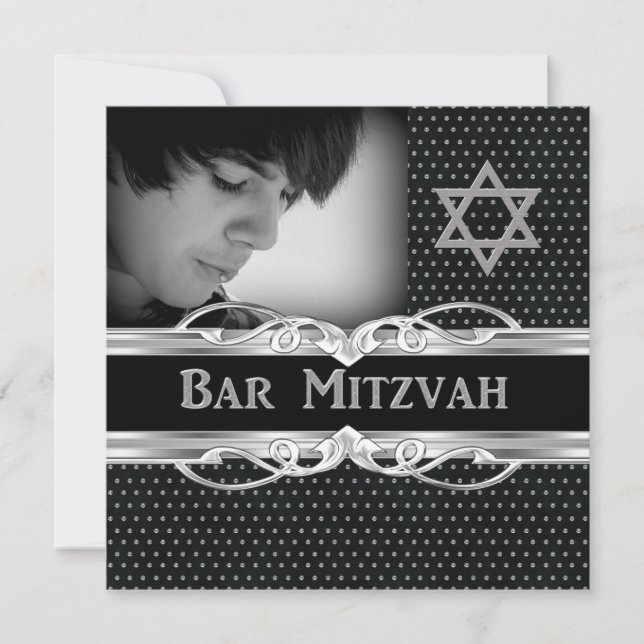 Bar Mitzvah Star Black Silver Metal Studs Invitation (Front)