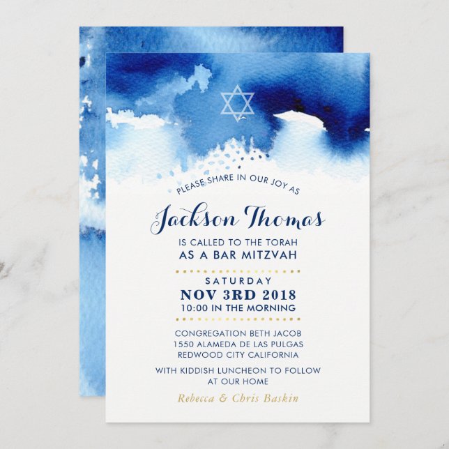 BAR MITZVAH star modern blue watercolor invite (Front/Back)